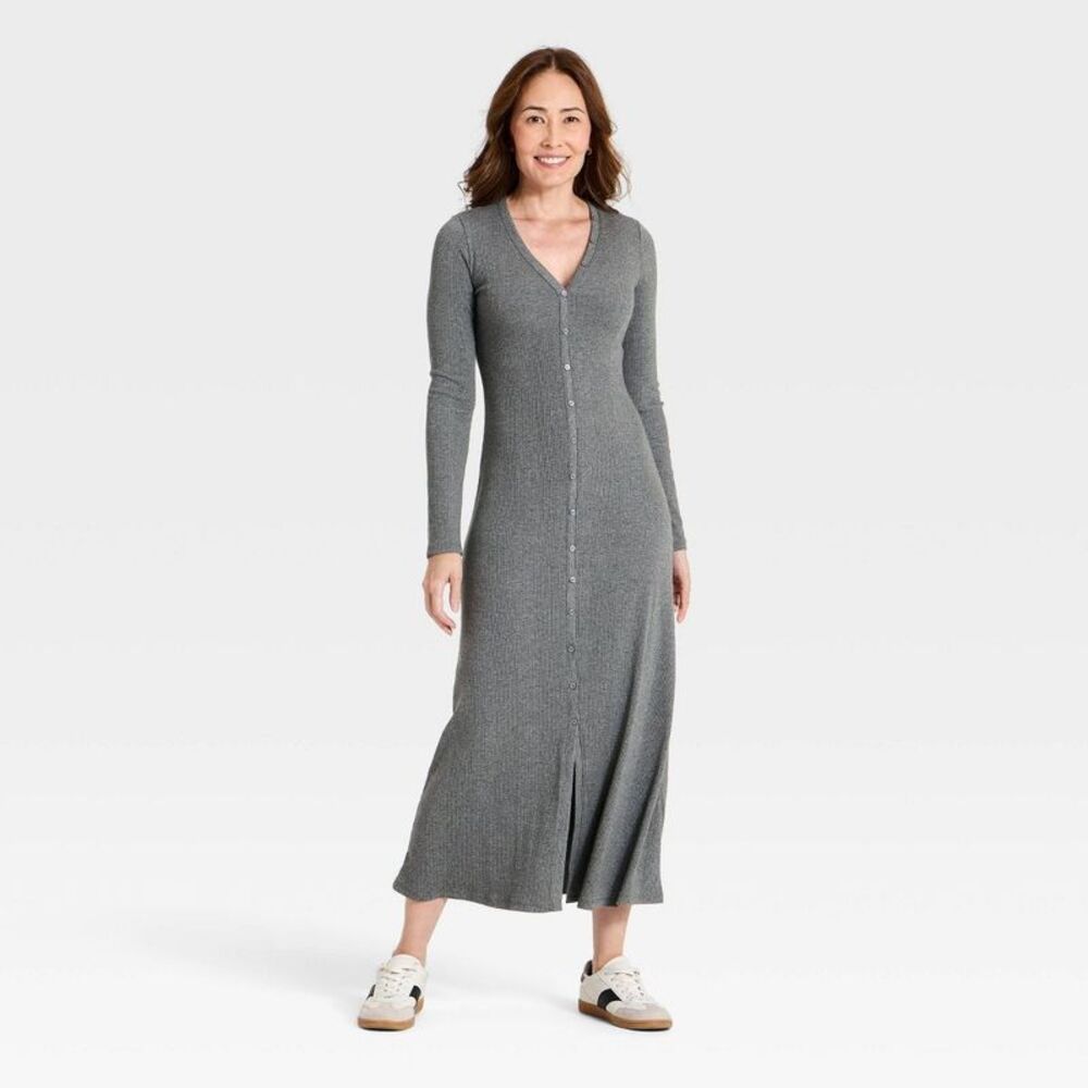Women's Long Sleeve Knit Maxi A-Line Dress - Universal Thread Heather Charcoal M